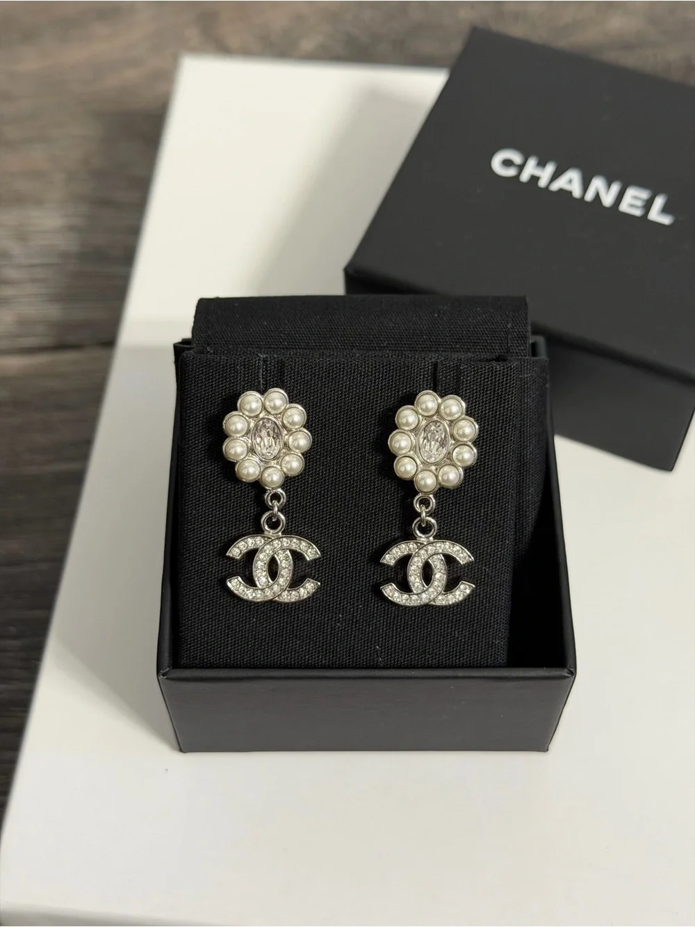 CHANEL Silver Pearl & Crystal CC Dangle Earrings